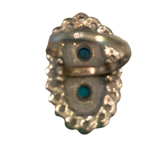 Oval faux turquoise silver tone circular & rope surround adjustable ring - Picture 5 of 5